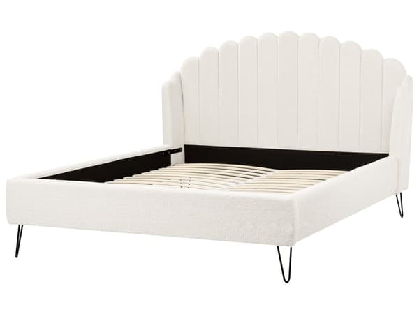 Seng Off White Boucle 160 x 200 cm Moderne To Mands Blød Sengegavl Dobbeltseng Sengeramme Retro Design Stofseng Plys