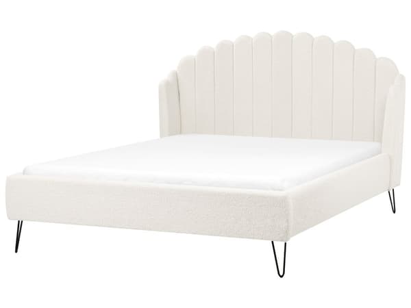 Seng Off White Boucle 160 x 200 cm Moderne To Mands Blød Sengegavl Dobbeltseng Sengeramme Retro Design Stofseng Plys
