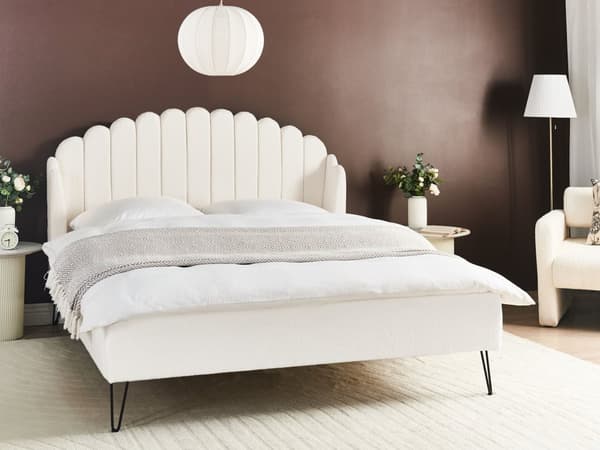 Seng Off White Boucle 160 x 200 cm Moderne To Mands Blød Sengegavl Dobbeltseng Sengeramme Retro Design Stofseng Plys