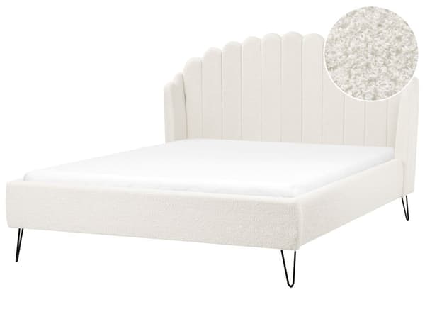Seng Off White Boucle 160 x 200 cm Moderne To Mands Blød Sengegavl Dobbeltseng Sengeramme Retro Design Stofseng Plys