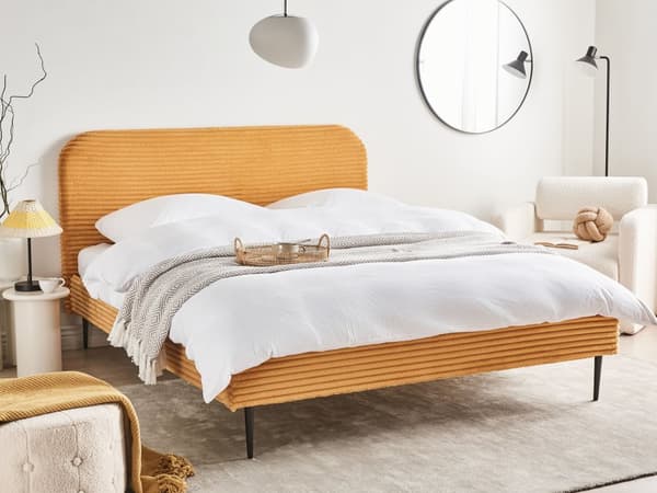 Seng Orange Fløjl 160 x 200 cm Moderne Dobbeltseng Stof To Mands Seng Lav Sengeramme Minimalistisk Design