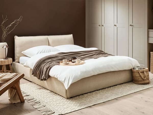 Dobbeltseng Beige Boucle-Polstring 160 x 200 cm Lamellbunn med Tykk Polstret Hodegavl Fotbrett Moderne Stil Soverom