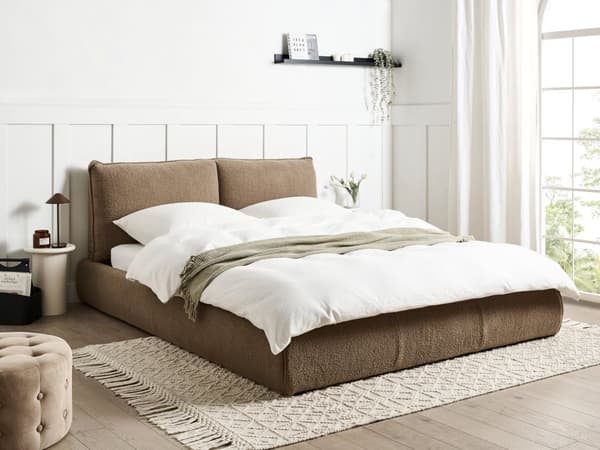 Dobbeltseng Brun Boucle-Polstring 160 x 200 cm Lamellbunn med Tykk Polstret Hodegavl Fotbrett Moderne Stil Soverom