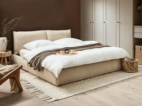Seng Beige Boucle 180 x 200 cm Moderne To Mands Blød Sengegavl Dobbeltseng Sengeramme Retro Design Stofseng Plys