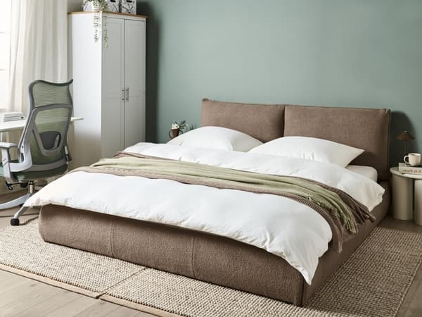 Seng Brun Boucle 180 x 200 cm Moderne To Mands Blød Sengegavl Dobbeltseng Sengeramme Retro Design Stofseng Plys