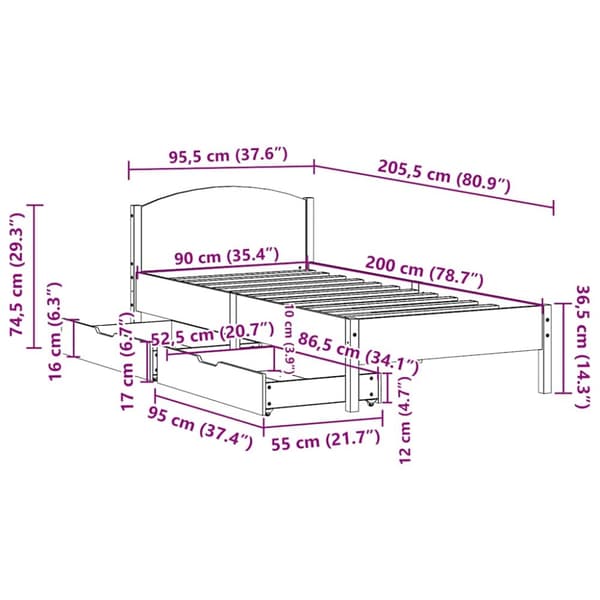 Sängram utan madrass 90x200 cm massiv furu