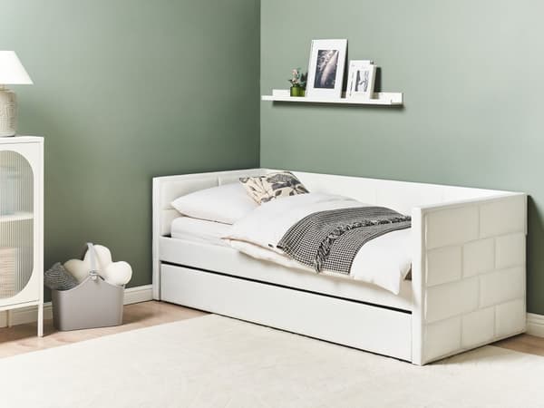 Udtræksseng Off-white Velour 90 x 200 cm Børneseng Trille Enkeltseng Design Sengeramme Enkeltmands Seng med Udtræk til Dobbeltseng