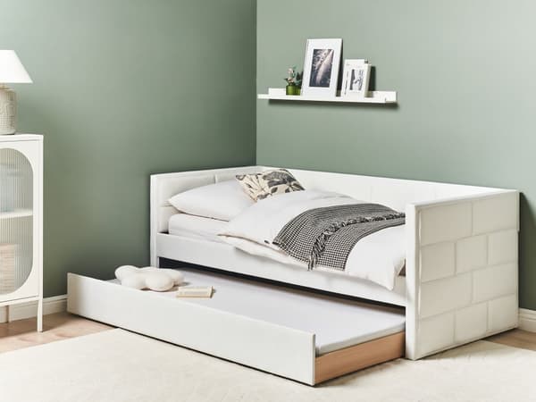 Udtræksseng Off-white Velour 90 x 200 cm Børneseng Trille Enkeltseng Design Sengeramme Enkeltmands Seng med Udtræk til Dobbeltseng