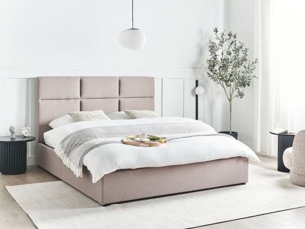 Seng med Oppbevaring Taupe Polyester Polstring 160 x 200 cm og Sengegavl Soveromsmøbler