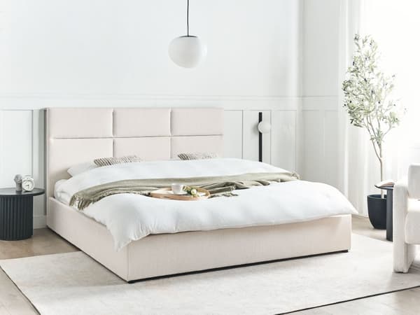 Seng med Oppbevaring Off-White Polyester Polstring 180 x 200 cm og Sengegavl Soveromsmøbler