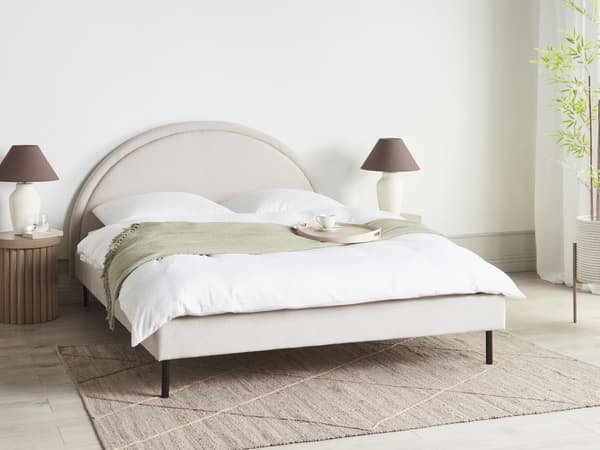 Seng Lysebeige Stoff polstret spileramme 160 x 200 cm høy rund sengegavl Retro soveromsmøbler utstyr