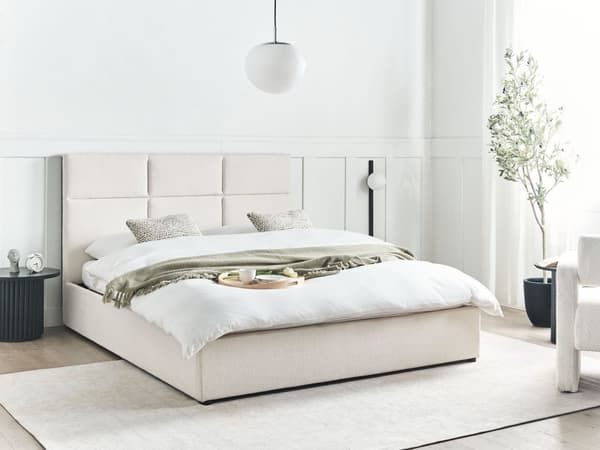 Seng med Oppbevaring Off-White Polyester Polstring 160 x 200 cm og Sengegavl Soveromsmøbler