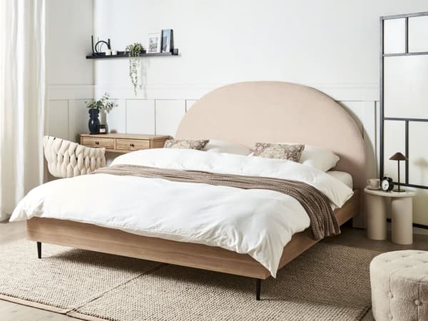 Seng Beige Boucle 180 x 200 cm Moderne To Mands Seng Blød Sengegavl Dobbeltseng Sengeramme Retro Design