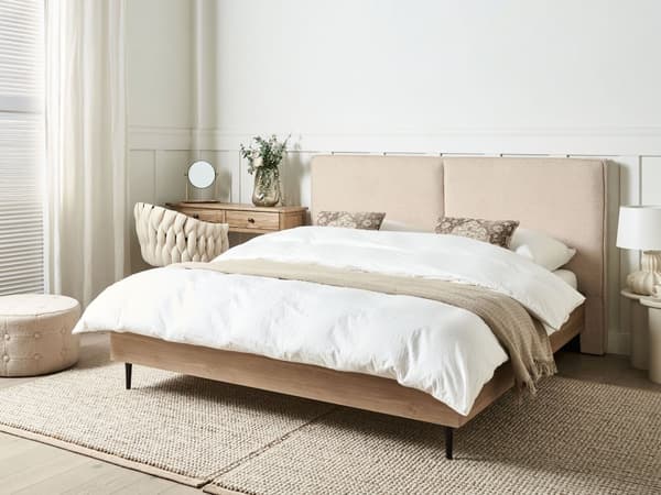 Seng Beige Boucle 160 x 200 cm Moderne To Mands Seng Blød Sengegavl Dobbeltseng Sengeramme Retro Design