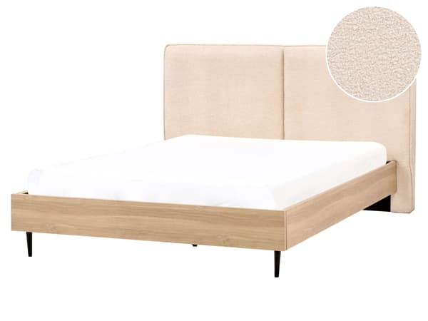 Seng Beige Boucle 160 x 200 cm Moderne To Mands Seng Blød Sengegavl Dobbeltseng Sengeramme Retro Design