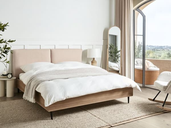 Seng Beige Boucle 160 x 200 cm Moderne To Mands Seng Blød Sengegavl Dobbeltseng Sengeramme Retro Design