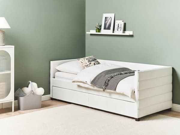 Seng med Skuffer Off White Velour 90 x 200 cm Børneseng med Opbevaring Enkeltseng Design Sengeramme Enkeltmands Seng