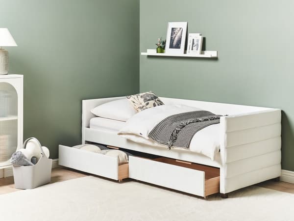 Seng med Skuffer Off White Velour 90 x 200 cm Børneseng med Opbevaring Enkeltseng Design Sengeramme Enkeltmands Seng