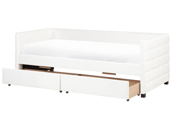 Seng med Skuffer Off White Velour 90 x 200 cm Børneseng med Opbevaring Enkeltseng Design Sengeramme Enkeltmands Seng