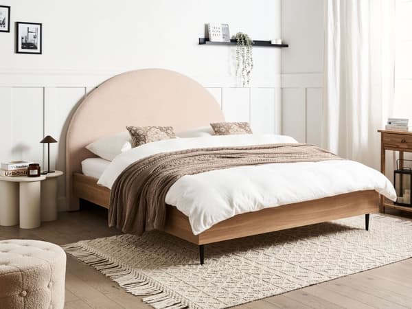 Seng Beige Boucle 160 x 200 cm Moderne To Mands Seng Blød Sengegavl Dobbeltseng Sengeramme Retro Design