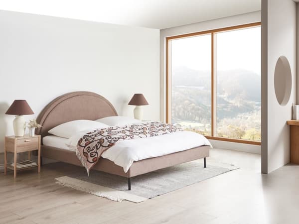 Taupe boucle boucle seng 160 x 200 cm med ramme polstret halvrund hovedgærde minimalistisk design soveværelse
