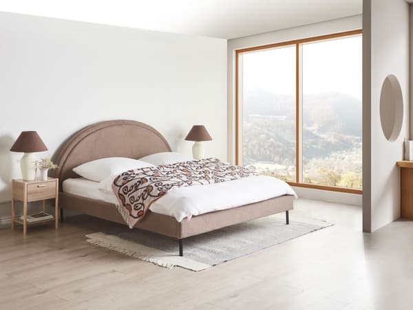 Taupe boucle polyester seng 180 x 200 cm med ramme polstret halvrund hovedgærde minimalistisk design soveværelse
