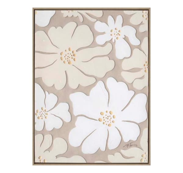 Maleri med ramme 60x80cm, beige blomster