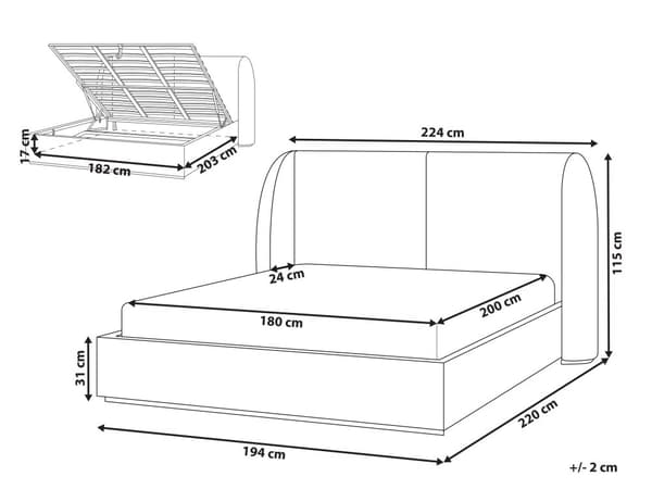 Seng med Oppbevaring Off-White Polyester Stofftrekk med Bred Sengegavl 180 x 200 cm