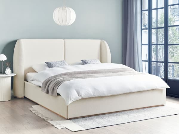 Seng med Oppbevaring Off-White Polyester Stofftrekk med Bred Sengegavl 180 x 200 cm