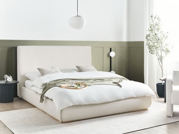 Seng Beige Polyester 160 x 200 cm Moderne To Mands Seng med Opbevaring Blød Sengegavl Dobbeltseng Lav Sengeramme Retro Design