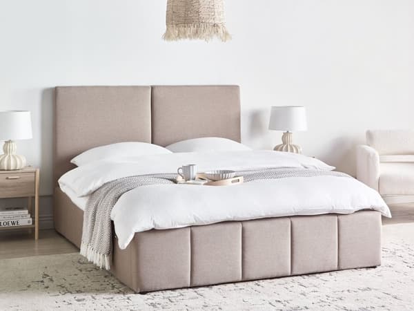 sengegavl Seng Taupe Polyester 160 x 200 cm Moderne To Mands Seng med Opbevaring Blød Sengegavl Dobbeltseng Sengeramme Retro Design