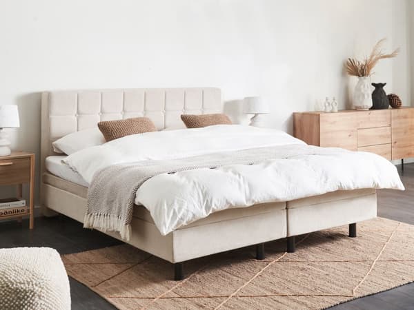 Elevationsseng Lys beige Polyester 160 x 200 cm Elektrisk Dobbelt Justerbar Seng med Fjernbetjening Sengeramme med Gavl To Mands
