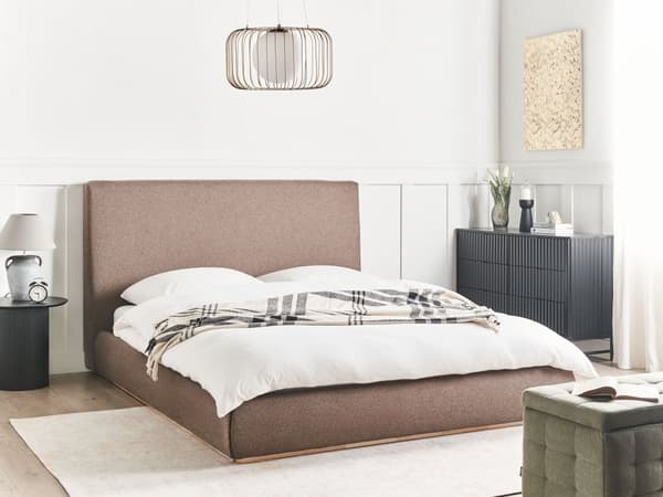 Seng Brun Polyester 160 x 200 cm Moderne To Mands Seng med Opbevaring Blød Sengegavl Dobbeltseng Lav Sengeramme Retro Design