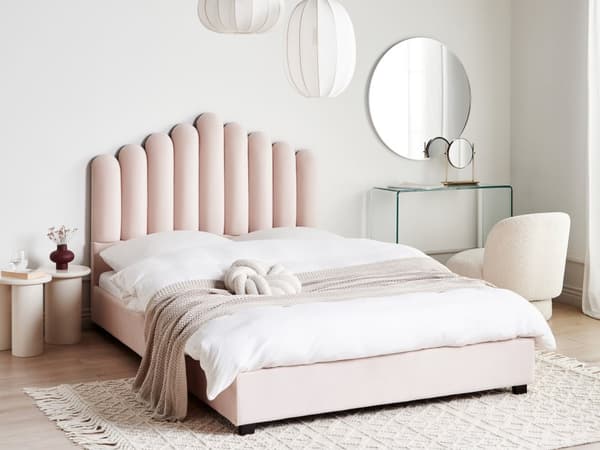 Vandseng Lyserød Velour 140 x 200 cm Dekorativ Tre Kvart Seng med Sengegavl Halvanden Mands Kvalitetseng med Vand Madras Teenageværelse