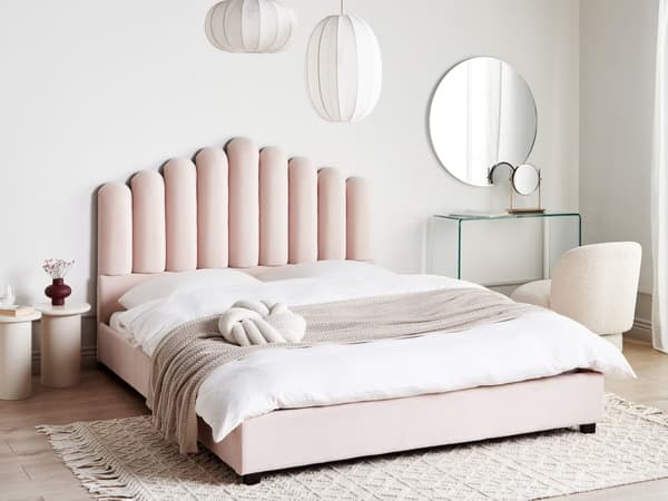 Seng Lyserød Velour 160 x 200 cm Moderne To Mands Blød Sengegavl Dobbeltseng Sengeramme Moderne Design Stofseng