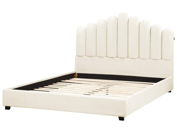 Seng Off White Velour 160 x 200 cm Moderne To Mands Blød Sengegavl Dobbeltseng Sengeramme Moderne Design Stofseng