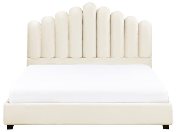 Seng Off White Velour 160 x 200 cm Moderne To Mands Blød Sengegavl Dobbeltseng Sengeramme Moderne Design Stofseng