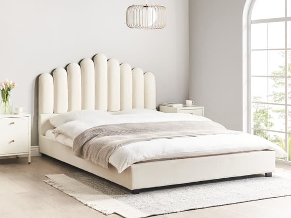 Seng Off White Velour 160 x 200 cm Moderne To Mands Blød Sengegavl Dobbeltseng Sengeramme Moderne Design Stofseng