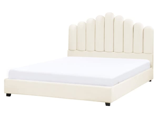 Seng Off White Velour 160 x 200 cm Moderne To Mands Blød Sengegavl Dobbeltseng Sengeramme Moderne Design Stofseng