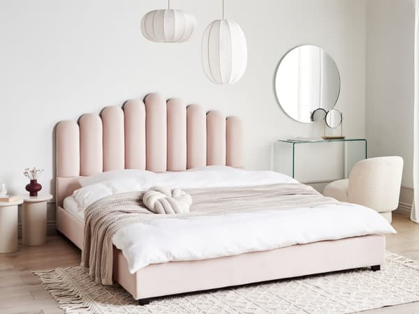 Seng Lyserød Velour 180 x 200 cm Moderne To Mands Blød Sengegavl Dobbeltseng Sengeramme Moderne Design Stofseng