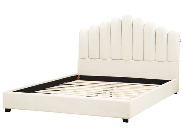 Seng Off White Velour 180 x 200 cm Moderne To Mands Blød Sengegavl Dobbeltseng Sengeramme Moderne Design Stofseng