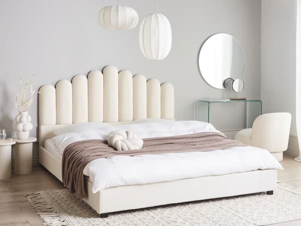 Seng Off White Velour 180 x 200 cm Moderne To Mands Blød Sengegavl Dobbeltseng Sengeramme Moderne Design Stofseng