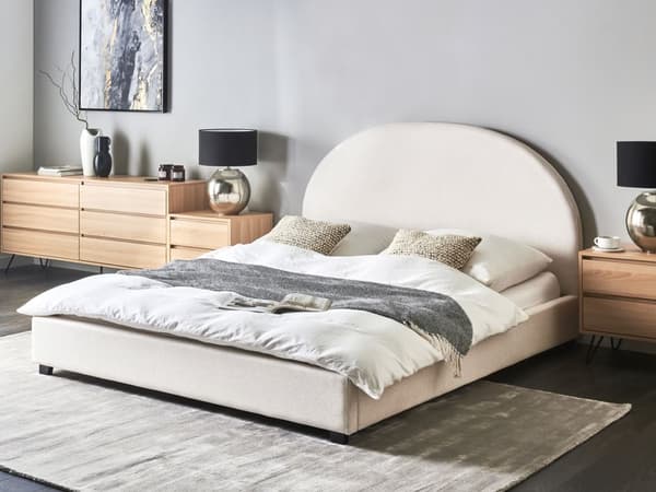 Seng Off White Polyester 160 x 200 cm Moderne To Mands Blød Sengegavl Dobbeltseng Sengeramme Blød Design Stofseng