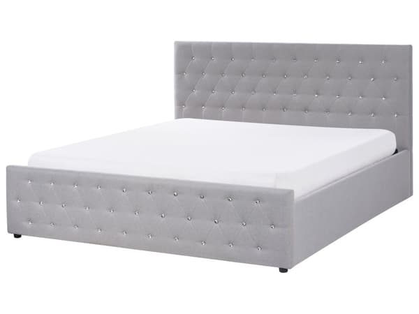 Seng med oppbevaring Lysegrå Polyesterstoff 180 x 200 cm Sengegavl Dekorative krystaller Glamorøs stil Soverom Sengeramme