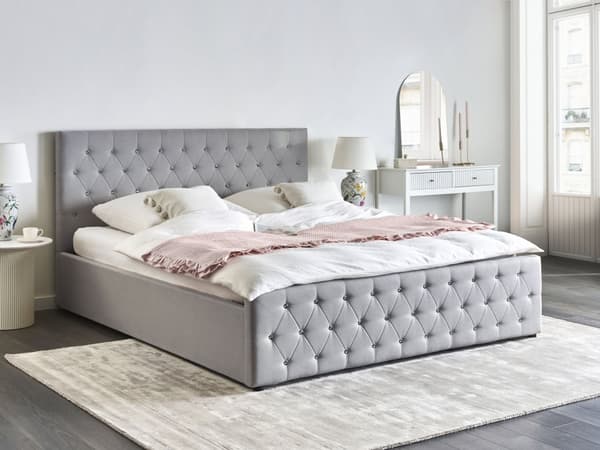 Seng med oppbevaring Lysegrå Polyesterstoff 180 x 200 cm Sengegavl Dekorative krystaller Glamorøs stil Soverom Sengeramme