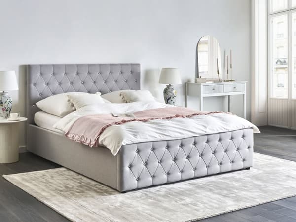 Seng med oppbevaring Lysegrå Polyesterstoff 160 x 200 cm Sengegavl Dekorative krystaller Glamorøs stil Soverom Sengeramme