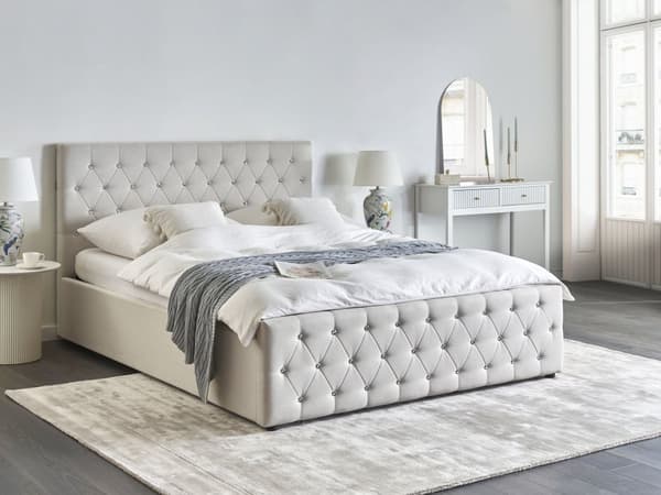 Seng med oppbevaring Beige Polyesterstoff 160 x 200 cm Sengegavl Dekorative krystaller Glamorøs stil Soverom Sengeramme