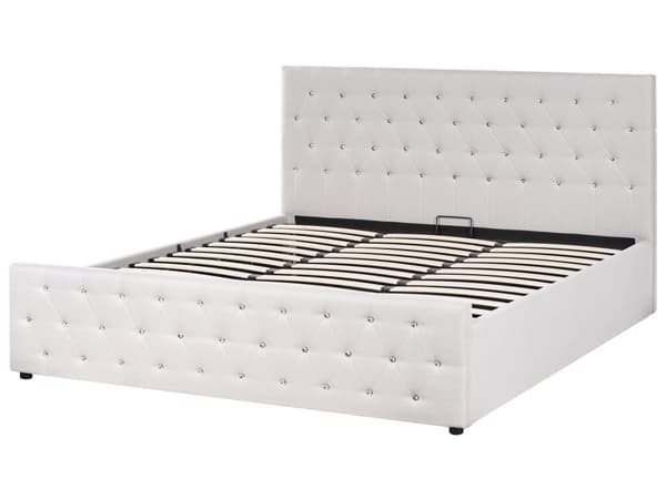 Seng med oppbevaring Beige Polyesterstoff 180 x 200 cm Sengegavl Dekorative krystaller Glamorøs stil Soverom Sengeramme