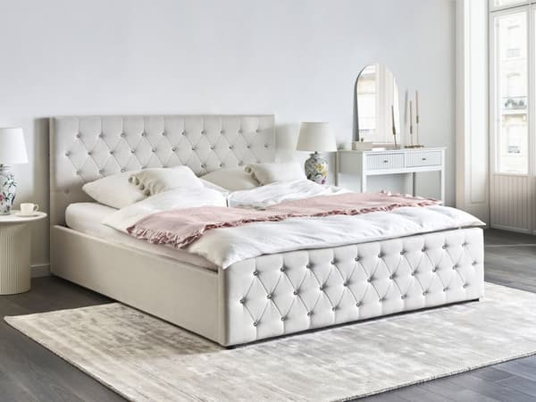 Seng med oppbevaring Beige Polyesterstoff 180 x 200 cm Sengegavl Dekorative krystaller Glamorøs stil Soverom Sengeramme