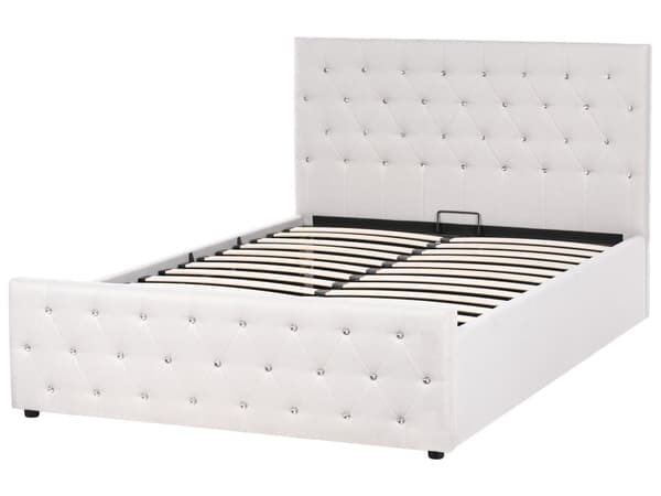 Seng med oppbevaring Beige Polyesterstoff 140 x 200 cm Sengegavl Dekorative krystaller Glamorøs stil Soverom Sengeramme
